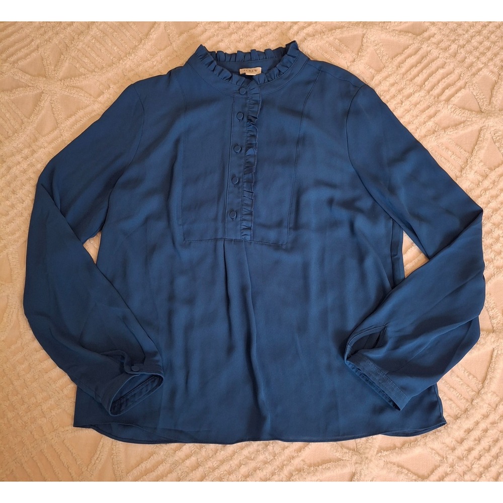 J.Crew Womens 8 Blouse Blue Ruffle Collar Long Sleeve Button Front Top
